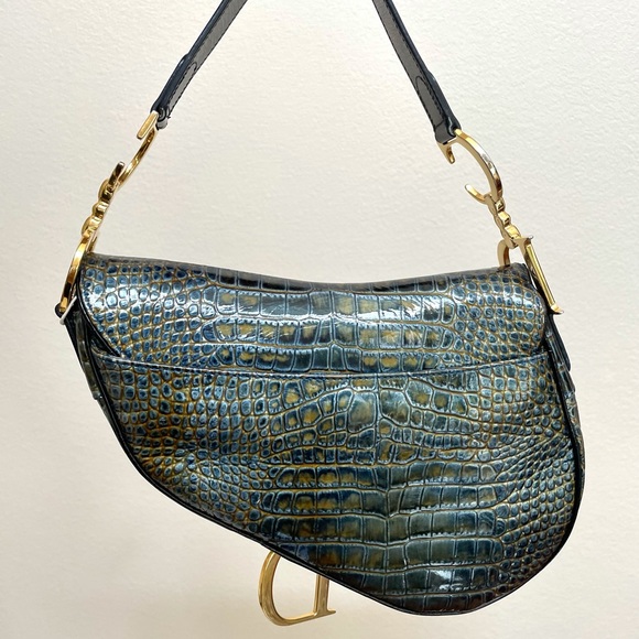 Dior crocodile bag Saddle Embossed Green/Blue gold hardware , rare find - Picture 4 of 16
